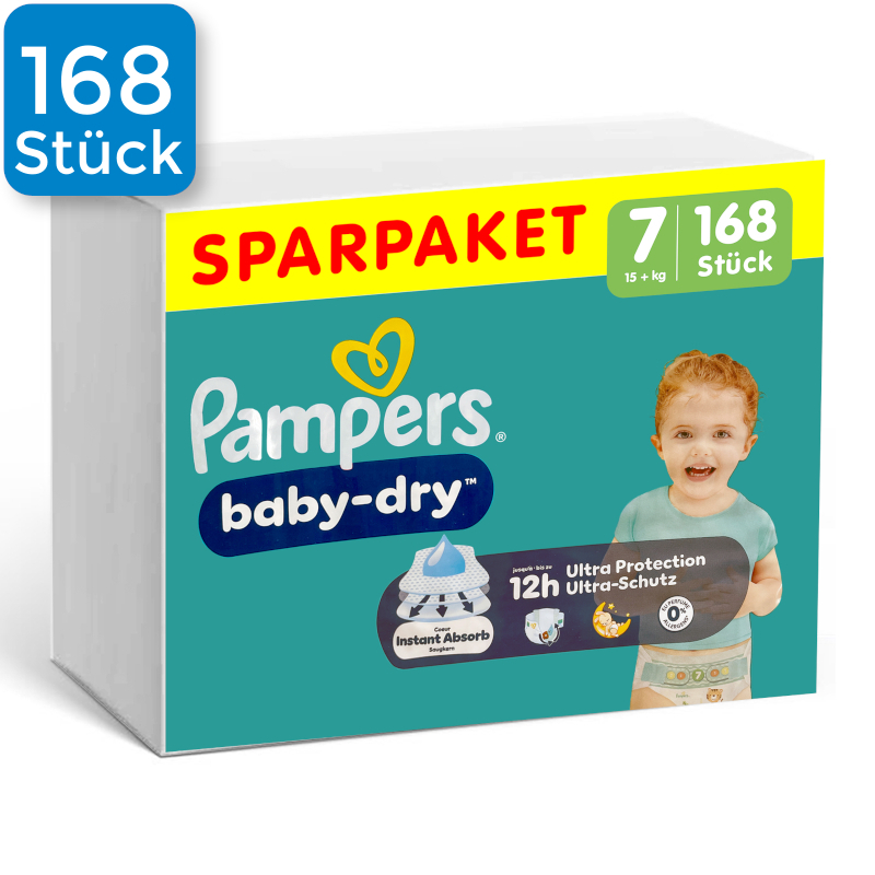 Vorderseite einer Packung Pampers Baby Dry Größe 7. Oben links ist ein blaues Viereck mit der Aufschrift 